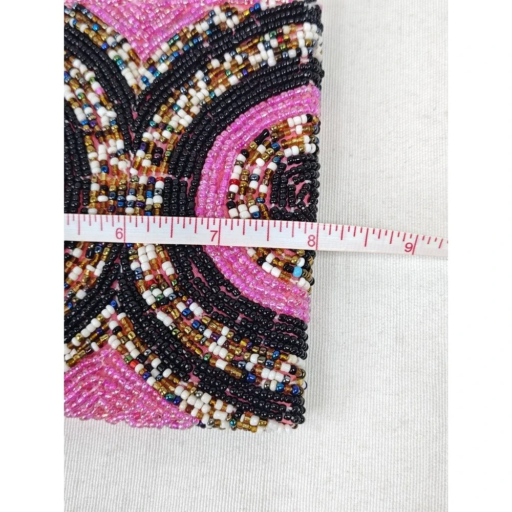 Vintage Pink Black Concentric Circle Seed Beaded Wristlet Clutch Evening Bag